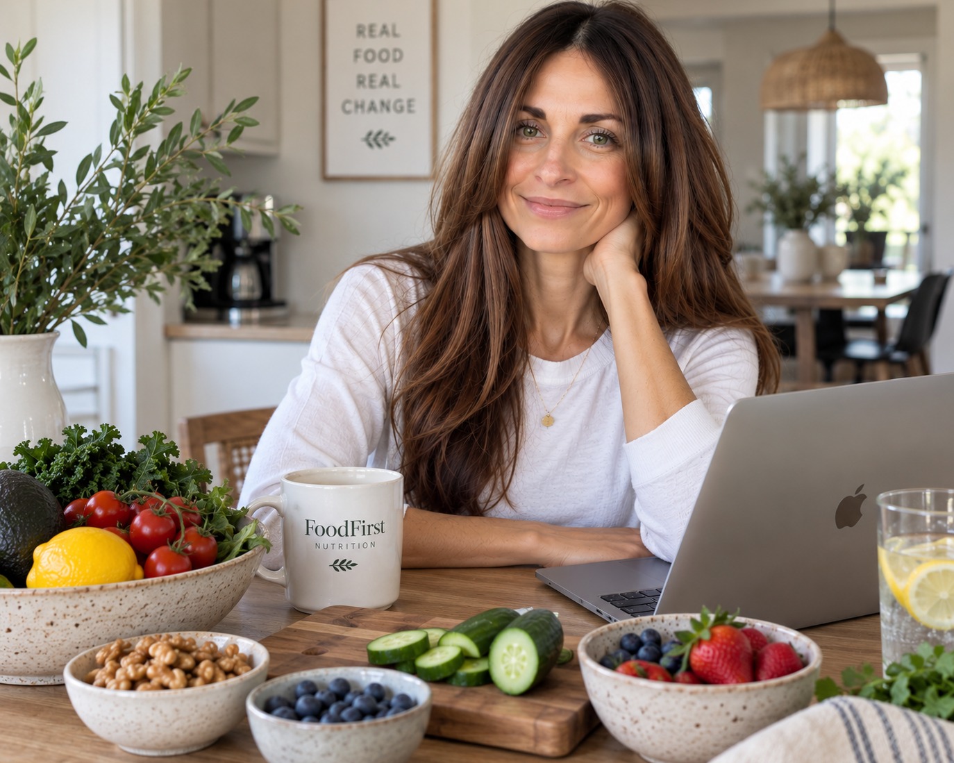 Anna Petersen working at her desk, surrounded by fresh produce