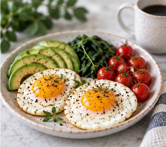 A whole food plate with eggs, avocado, greens, and tomatoes
