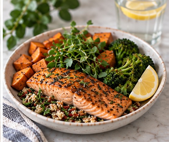 A balanced bowl with salmon, quinoa, sweet potato, and broccoli