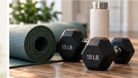 A yoga mat and light dumbbells, representing regular movement
